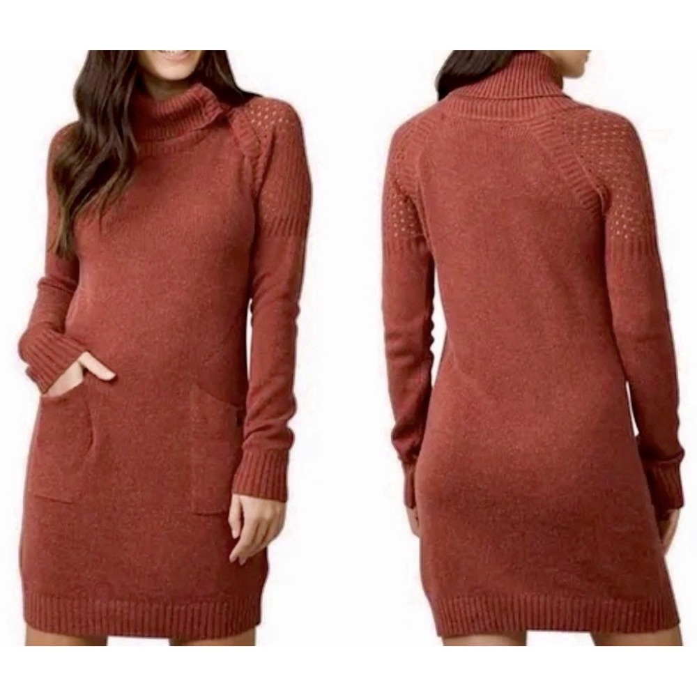prAna Archer Sweater Dress Organic Cotton Melange Cowl Eyelet Rib Amber Red Sm